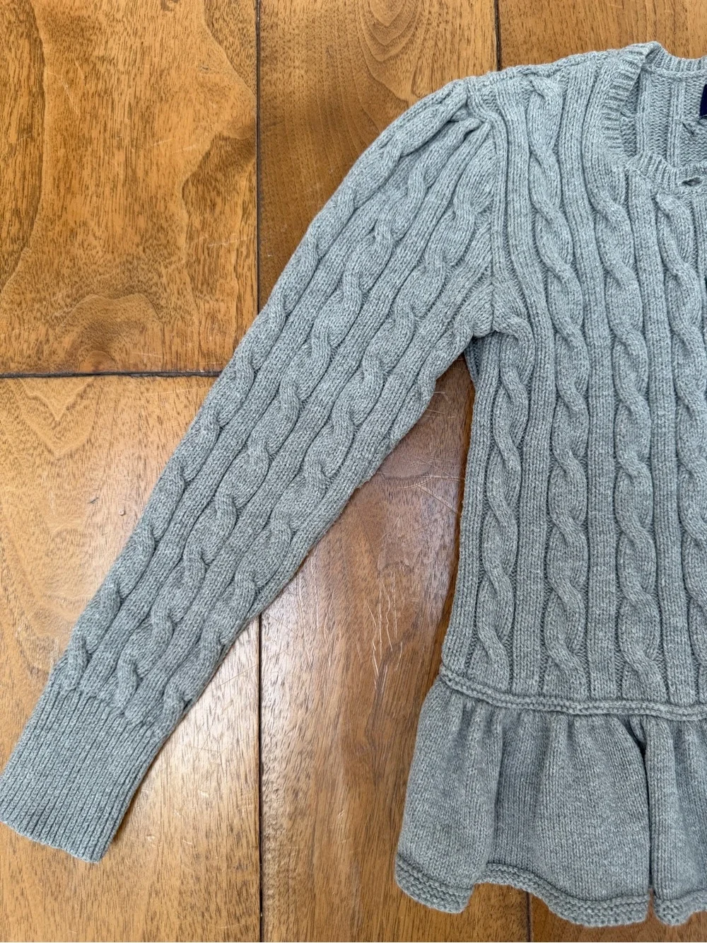 Ralph Lauren Girls Cable Knit Peplum Cardigan Gray Purple Pony Size 6 Cotton
